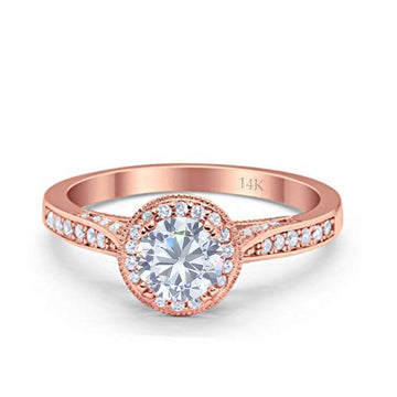 14K Rose Gold Halo Round Bridal Wedding Engagement Ring Simulated CZ Size-7
